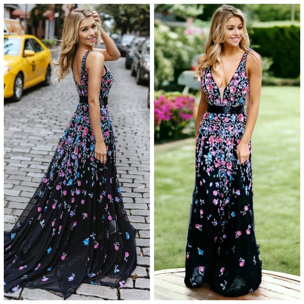 Mac Duggal Black Floral Plunge V-Neck Midi Dress